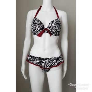 Pour Moi safari zebra and burgundy bikini 32dd/4